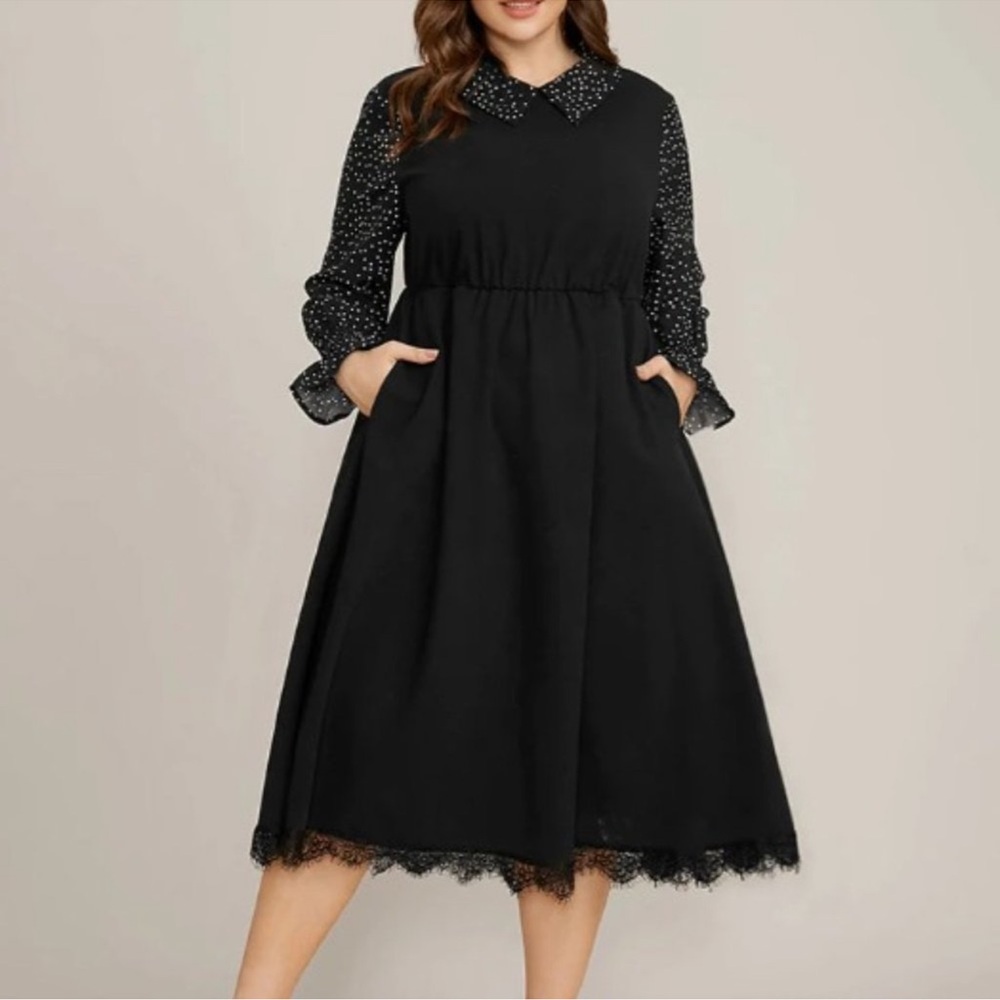 NWT Bloomchic Polka Dot Patchwork Lantern Sleeve Pocket Lace Trim Dress